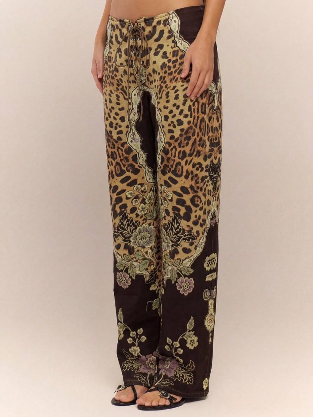 Brown Casual Women's Peacock Print Lace-Up Straight Leg Jeans - Picture 4 of 5